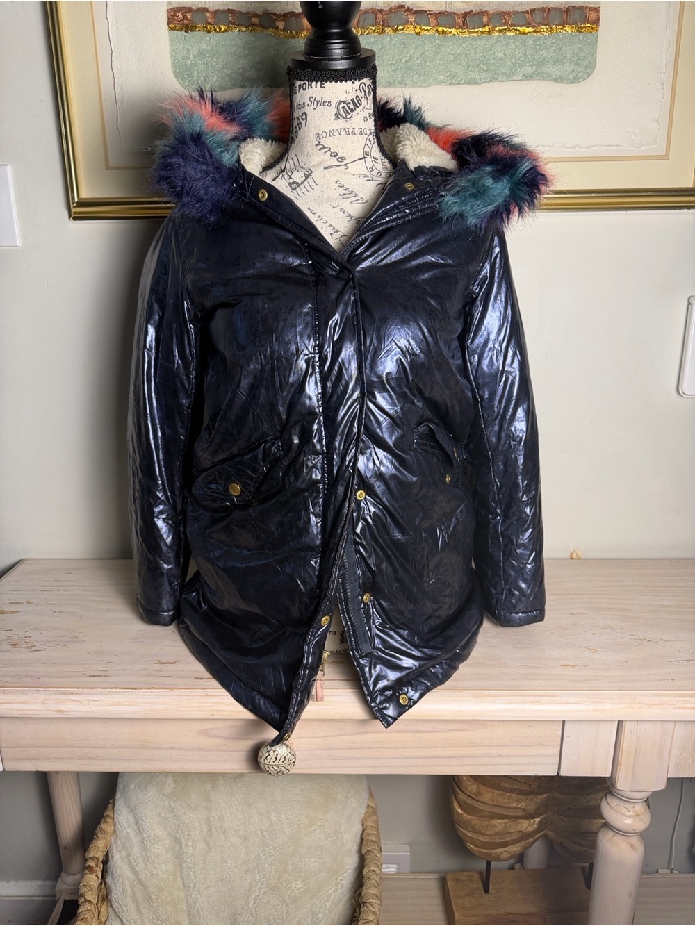 Crewcuts Metalic Navy Puffer Coat with Multicolor Faux-Fur Trim Hood
